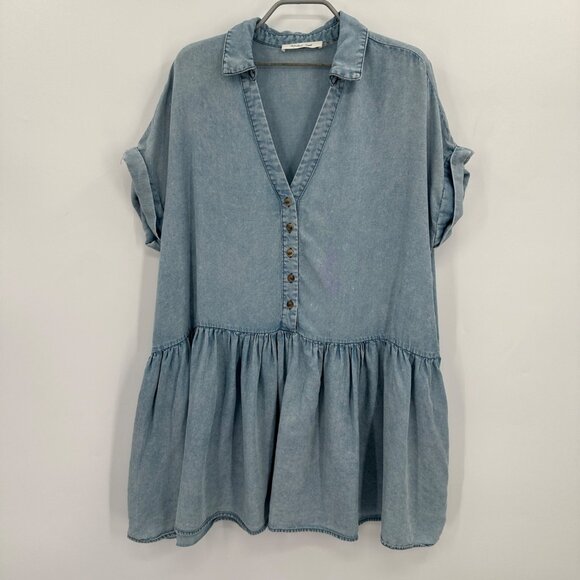 Mustard Seed Chambray Shirt Mini Dress Size L Boutique Swing Collared Lyocell - Picture 1 of 7